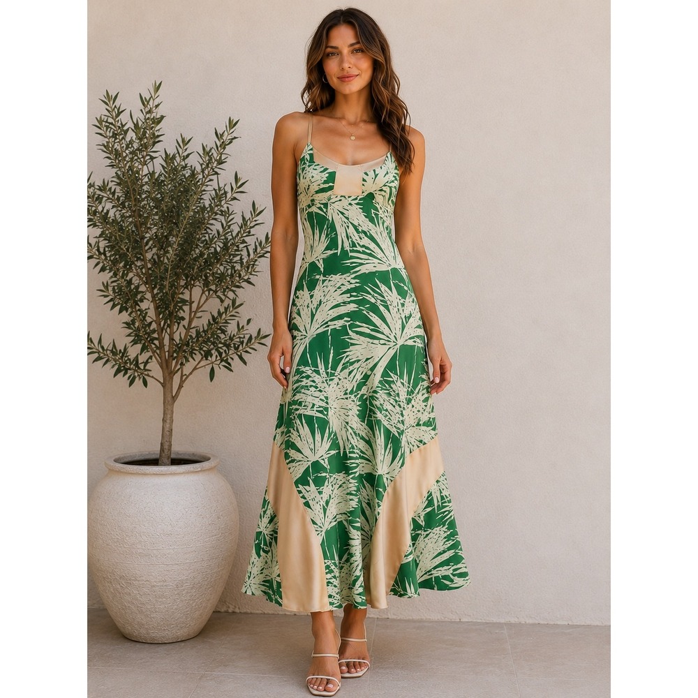 Hype Green Palm Print Silk Trim Midi Dress Lace-Up Back M Tropical Resort Chic